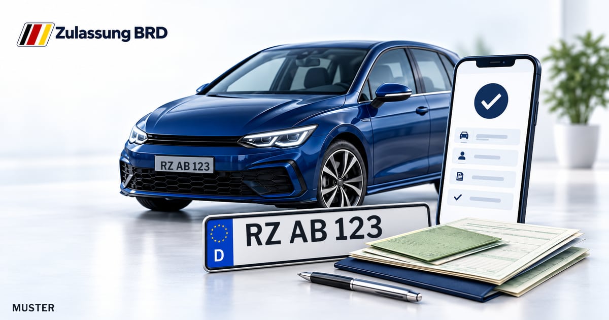 Online Fahrzeugzulassung in Landkreis Herzogtum Lauenburg: Musterkennzeichen RZ AB 123, Auto und Fahrzeugpapiere und Smartphone. Illustration mit Logo von Zulassung BRD.